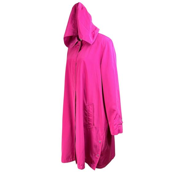 Gallery Pink Hood Button Closure Padded Shoulder Lined Long Rain Jacket Pockets - Picture 3 of 13